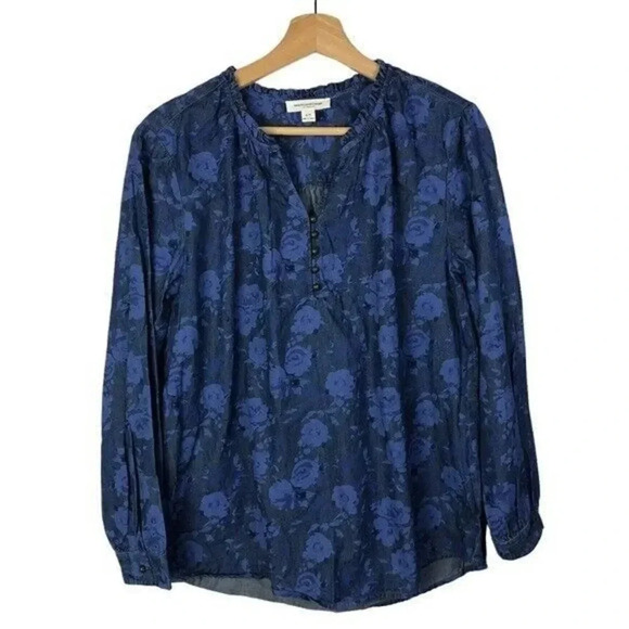 BeachLunchLounge Lyzza Blue Denim Floral Long Sleeve Blouse S - Picture 2 of 4